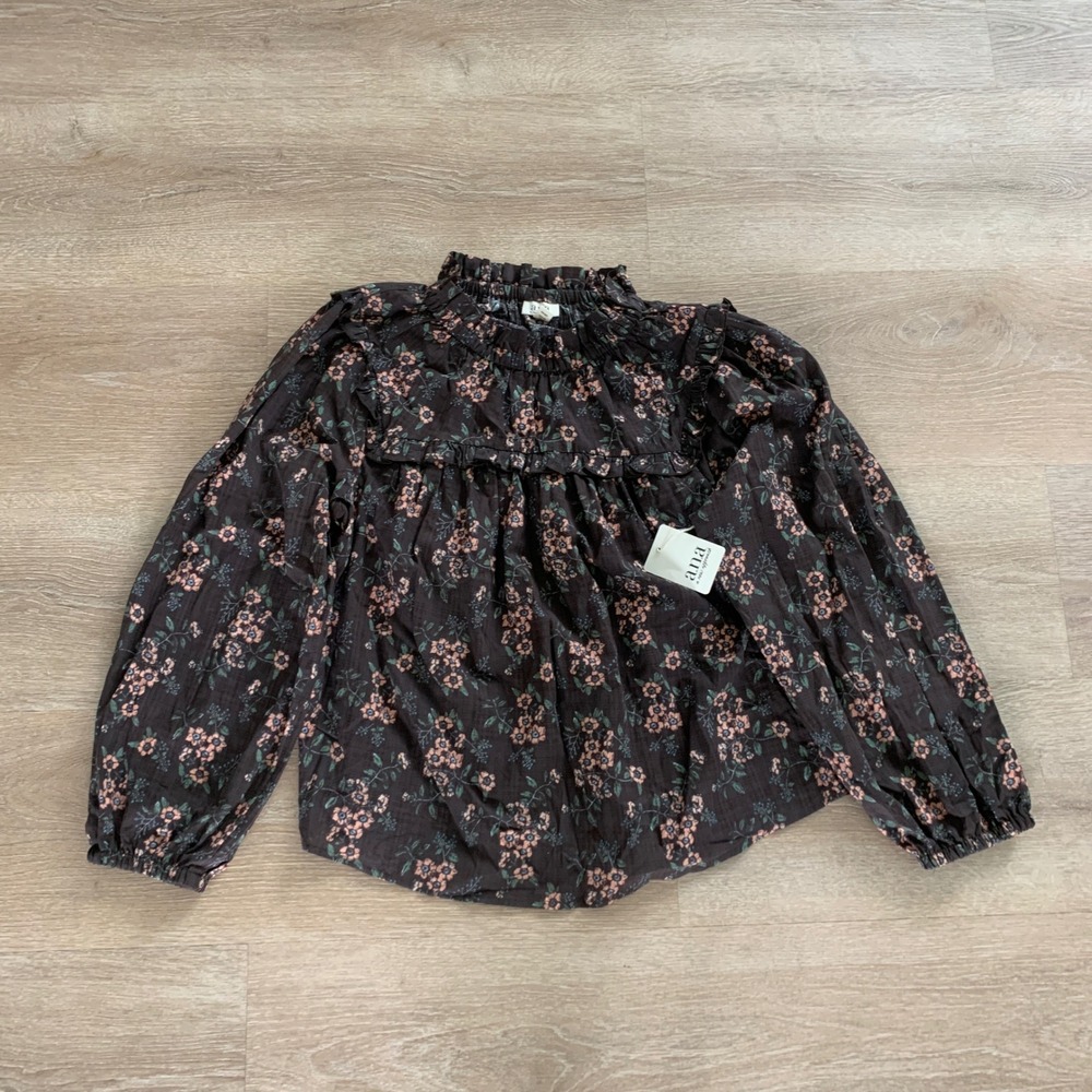 ANA A New Approach Floral blouse Brown Wild Flowers Large NWT Cottagecore Boho L